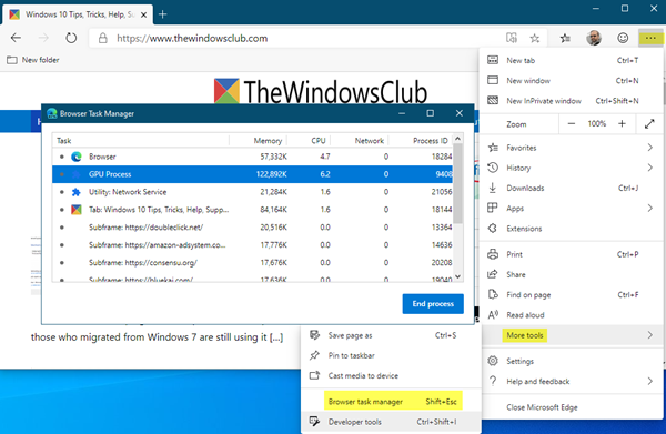 Administrador de tareas del navegador en Microsoft Edge