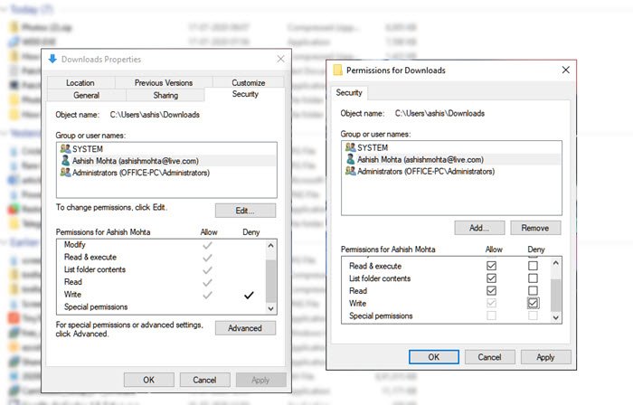 Permisos de carpeta para la carpeta Descargas en Windows 10