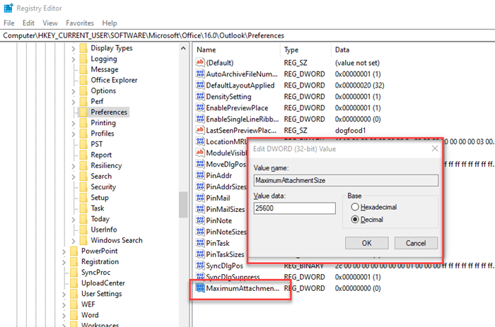 aumentar el tamaño del archivo adjunto de Outlook