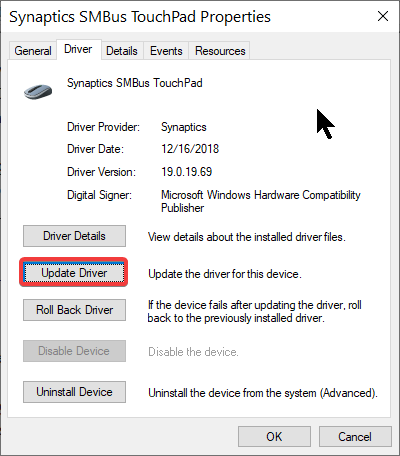actualizar el controlador del panel táctil