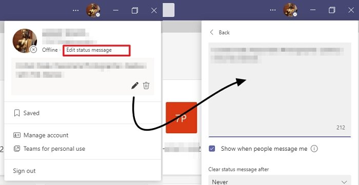 Edite el mensaje de estado de Microsoft Teams