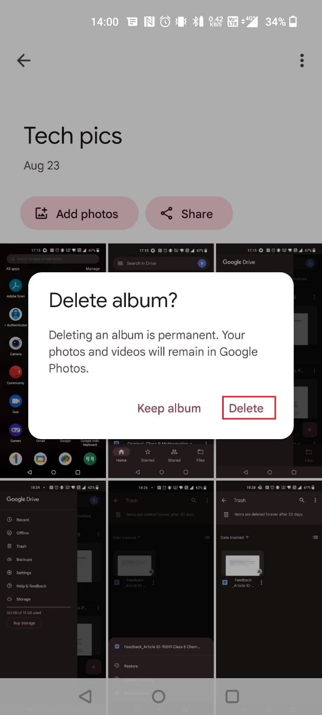 Toque Eliminar en la ventana emergente | Cómo eliminar imágenes de copia de seguridad automática de Google