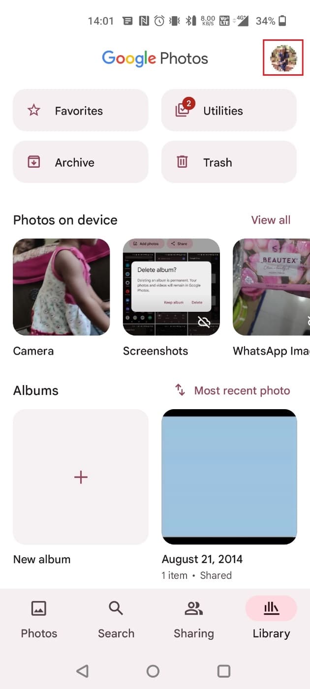 Toque el ícono de perfil en la esquina superior derecha | Cómo eliminar imágenes de copia de seguridad automática de Google | evitar que Google Photos guarde fotos