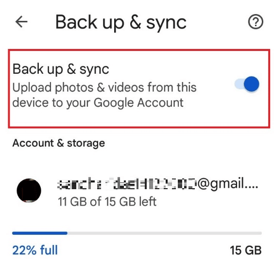 Encienda la palanca para Copia de seguridad y sincronización | Cómo eliminar imágenes de copia de seguridad automática de Google