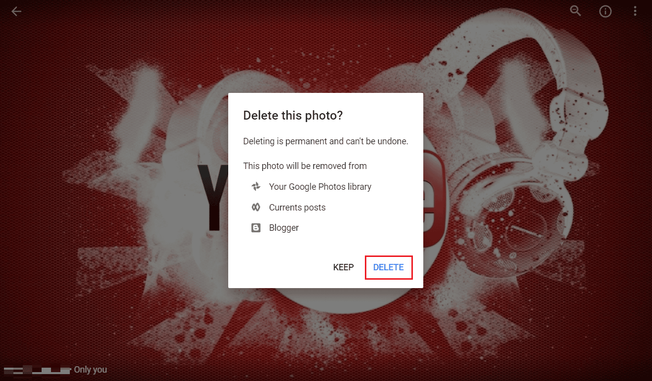 haga clic en ELIMINAR en la ventana emergente para eliminar la foto de forma permanente del archivo de Picasa