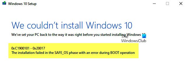 La instalación falló en la fase SAFE_OS con un error durante la operación BOOT