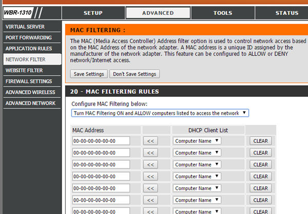 configurar el filtrado de direcciones MAC en el enrutador Dlink