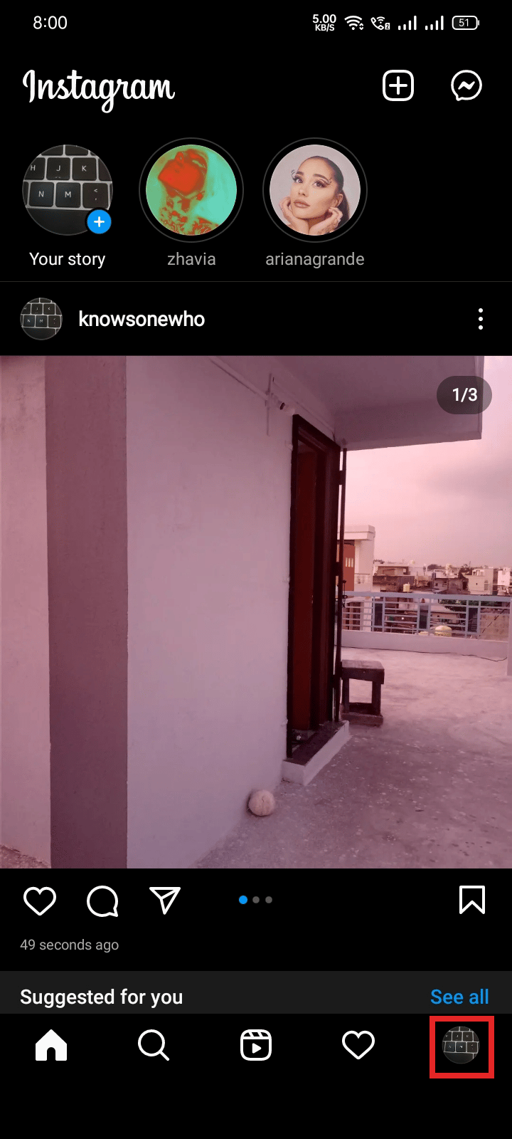 Una vez cargado, toque el ícono de perfil en la esquina inferior derecha de la pantalla. | cambiar la vista en Instagram