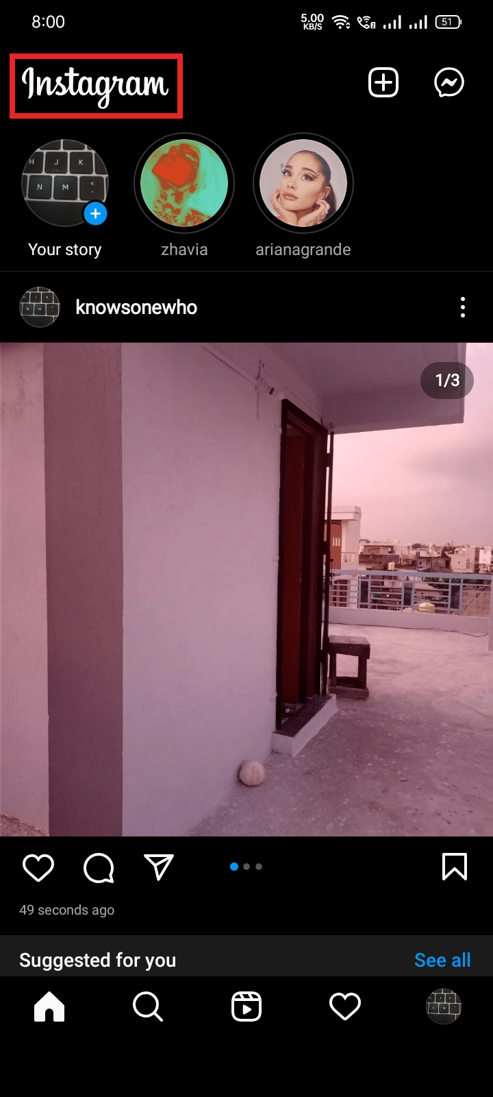 Toque el logotipo de Instagram en la esquina superior izquierda de la pantalla.