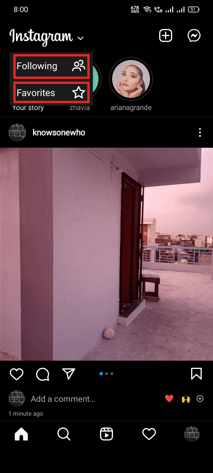 Desde allí, toque Siguiendo o Favoritos. | cambiar la vista en Instagram