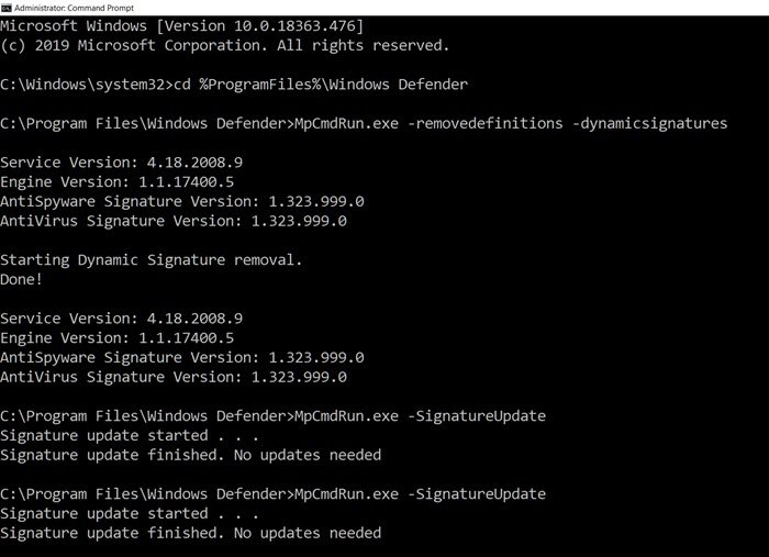 Activar manualmente la actualización de Windows Defender