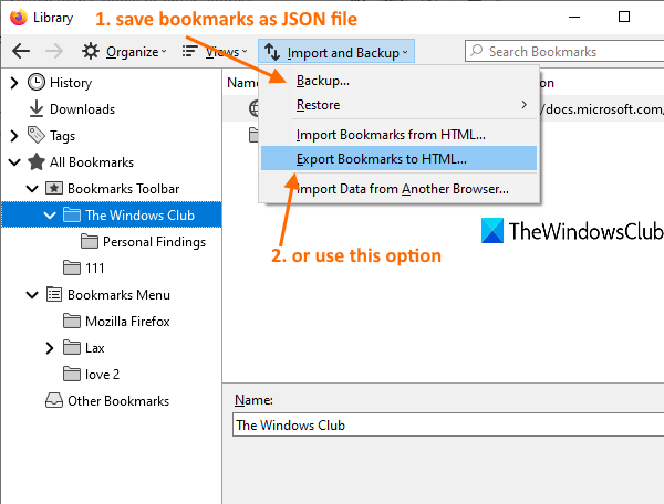 use el menú de importación y copia de seguridad para exportar sus marcadores de Firefox