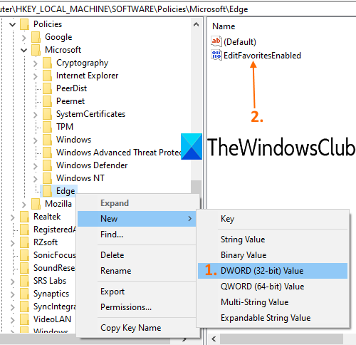 cree el valor dword EditFavoritesEnabled debajo de la tecla Edge