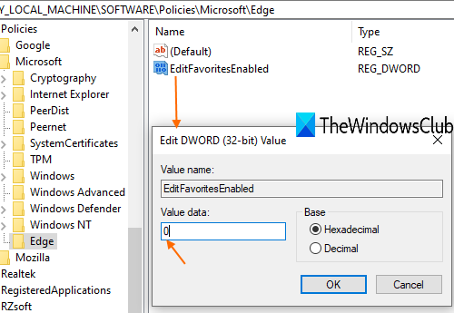 agregue 0 a los datos de valor de EditFavoritesEnabled