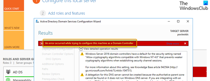 Se produjo un error al intentar configurar este equipo como controlador de dominio