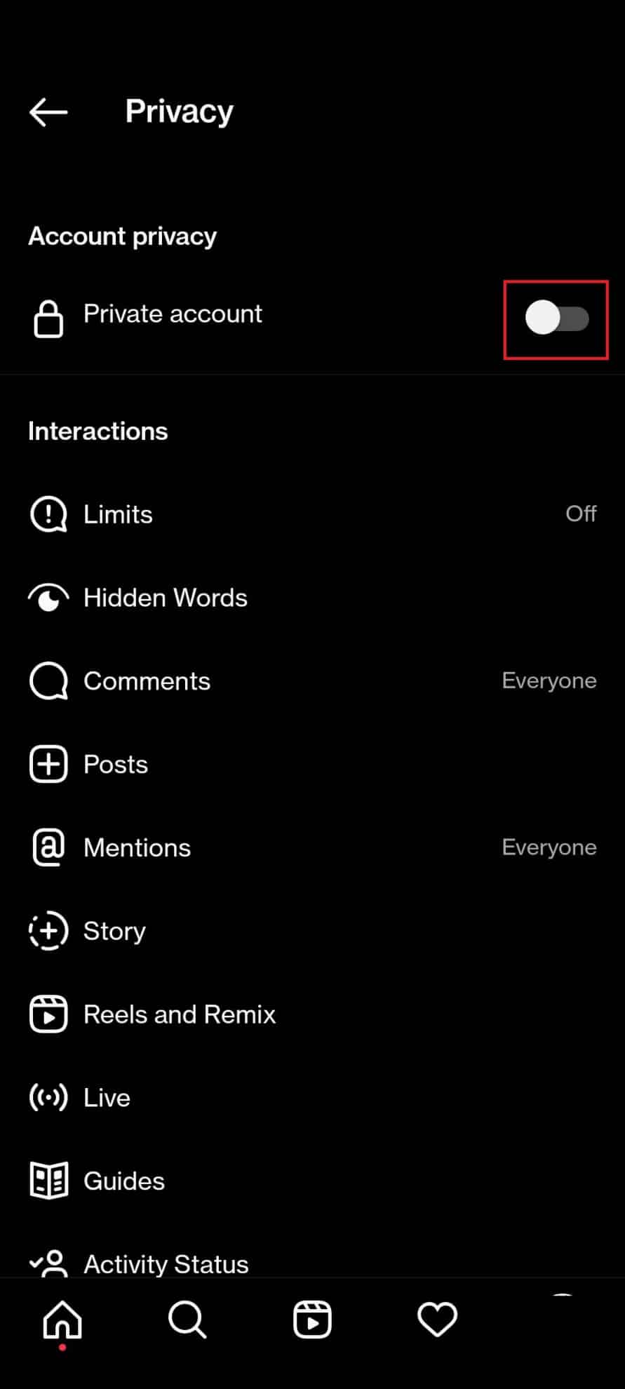 Encienda la palanca para la cuenta privada
