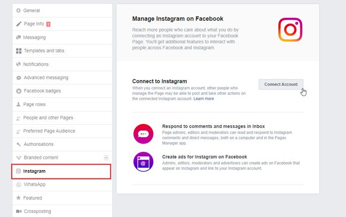 Conectar Instagram a la página de Facebook