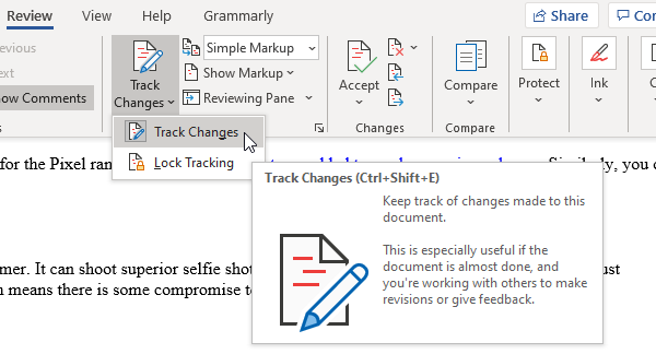 Función de revisión para realizar un seguimiento de los cambios en los documentos de Word