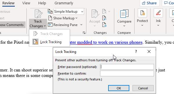 Función de bloqueo de control de cambios Microsoft Word