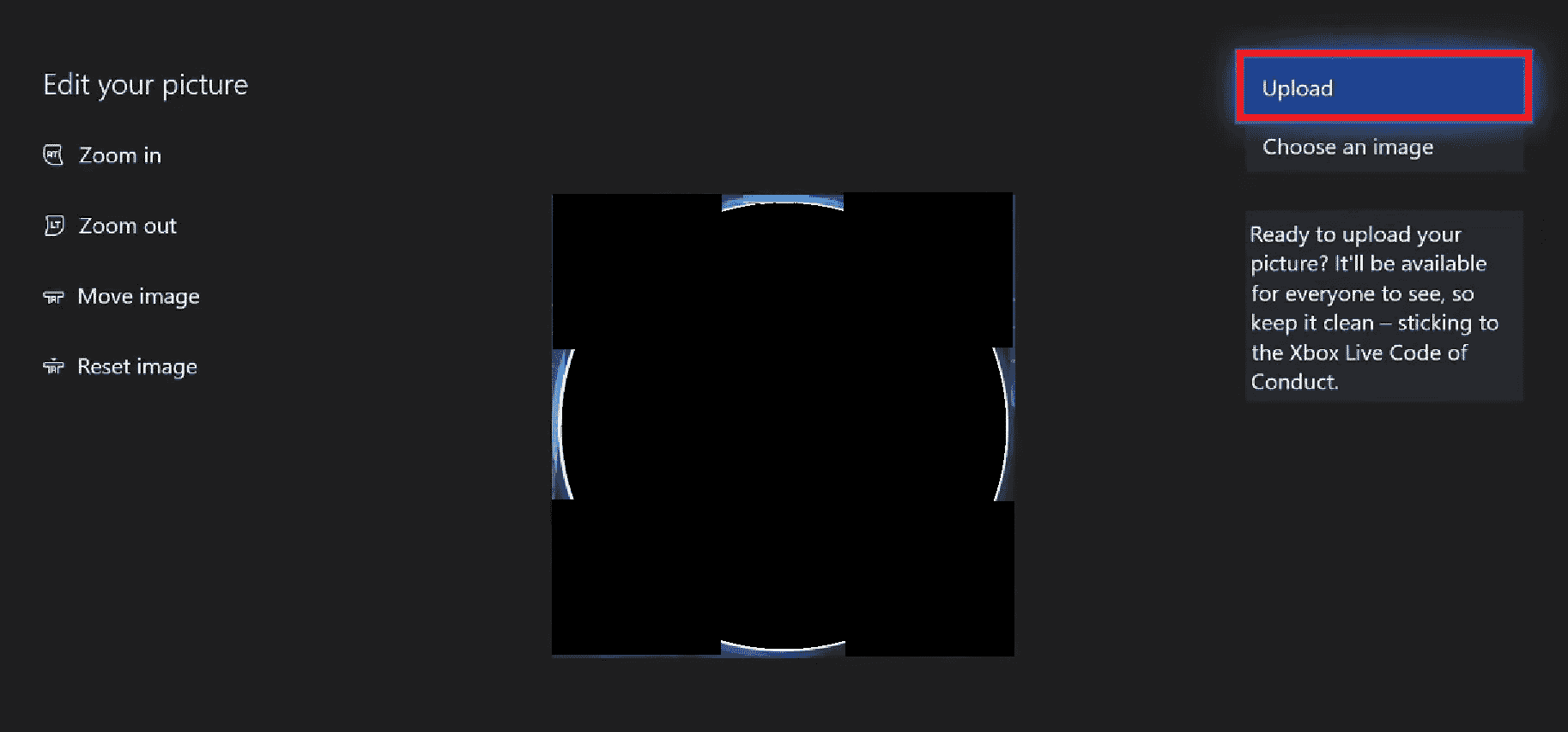 Ajuste la imagen y presione Cargar |  Cómo cargar una imagen de jugador personalizada de Xbox