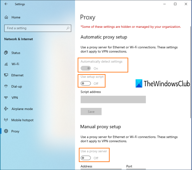 La configuración del proxy de Chrome está atenuada