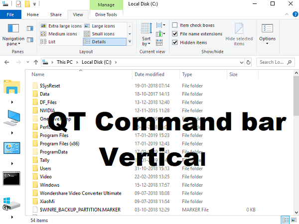 El modo vertical de la barra de comandos QT