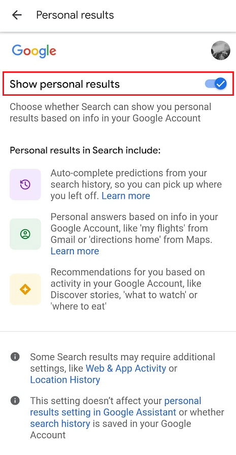 Desactive la palanca para Mostrar resultados personales |  ¿Cómo evitas que Google muestre tus búsquedas anteriores?