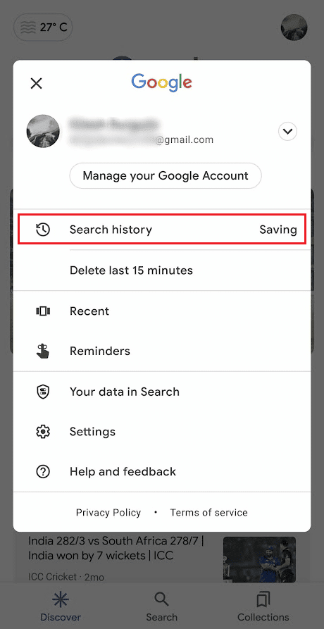 Inicie la aplicación de Google y toque el ícono de perfil - Historial de búsqueda