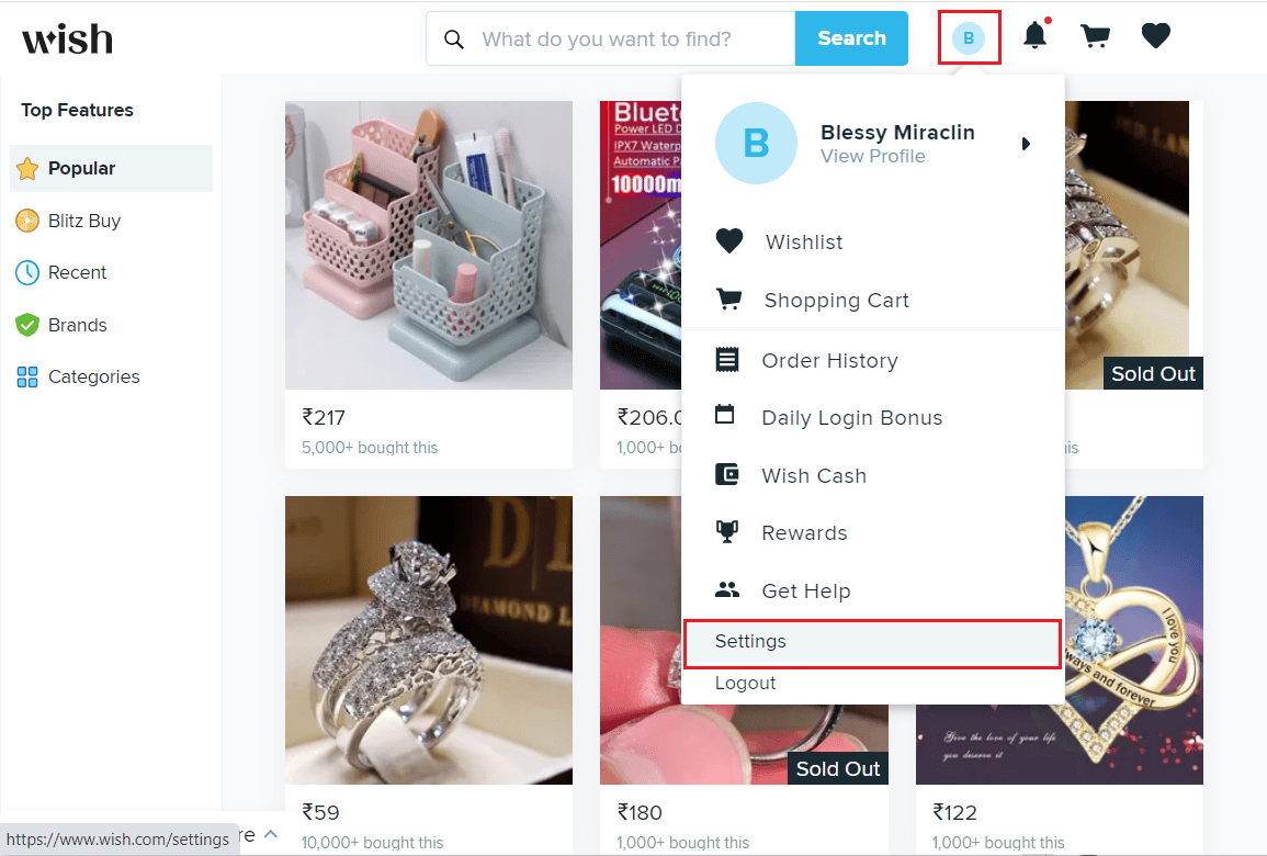 Pasa el cursor sobre tu imagen de perfil y selecciona Configuración | Cómo eliminar su cuenta de Wish