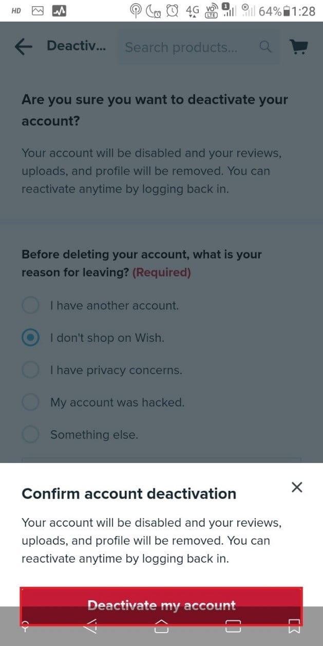 Toca Desactivar mi cuenta para confirmar tu desactivación | Cómo eliminar su cuenta de Wish