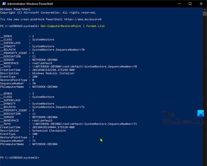 Ver puntos de restauración del sistema - PowerShell