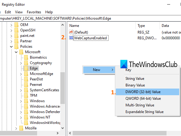 crear un valor DWORD WebCaptureEnabled