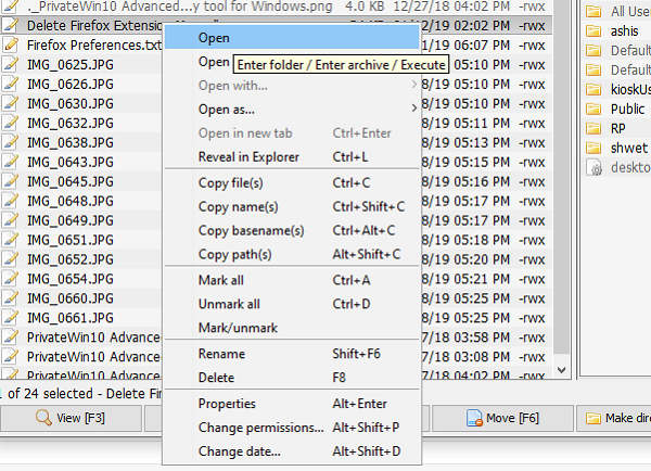 Operaciones de clic derecho en muCommander