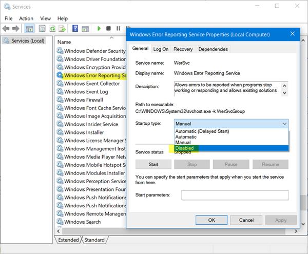 deshabilitar el servicio de informe de errores de Windows
