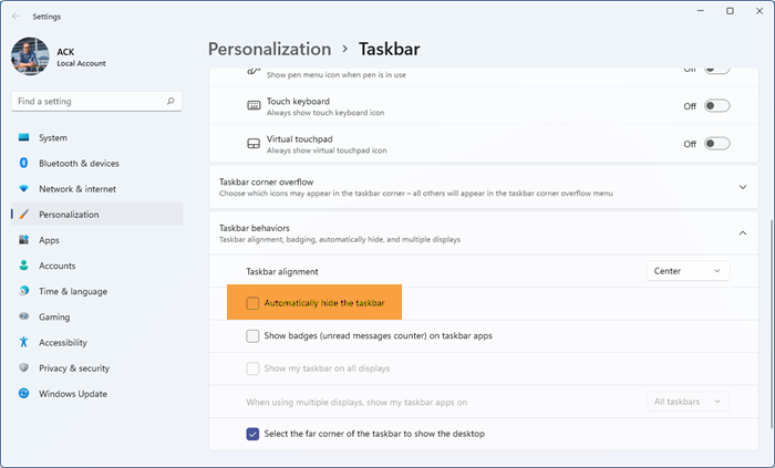 Ocultar automáticamente la barra de tareas en Windows 11