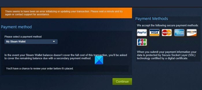 Solucione el error de Steam al iniciar o actualizar una transacción