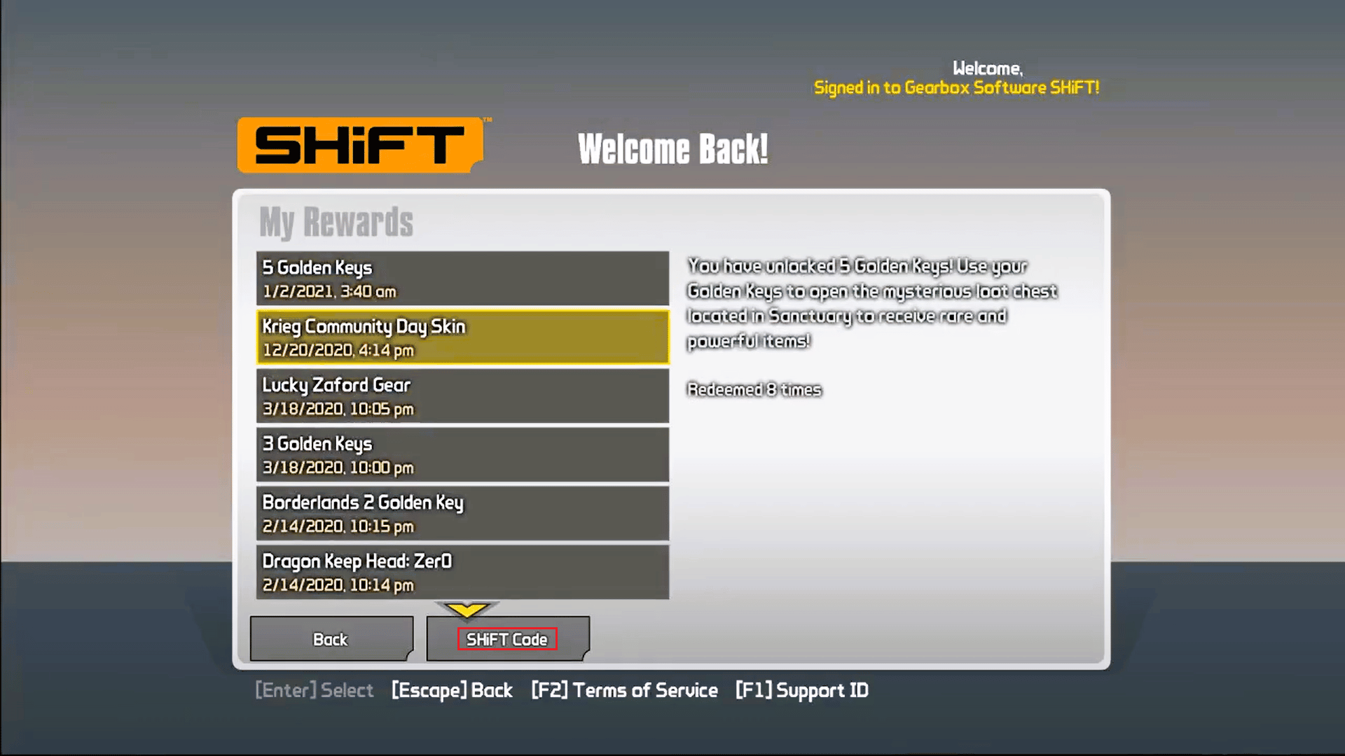 haga clic en Código SHIFT en el menú Extras SHIFT de Borderlands 2