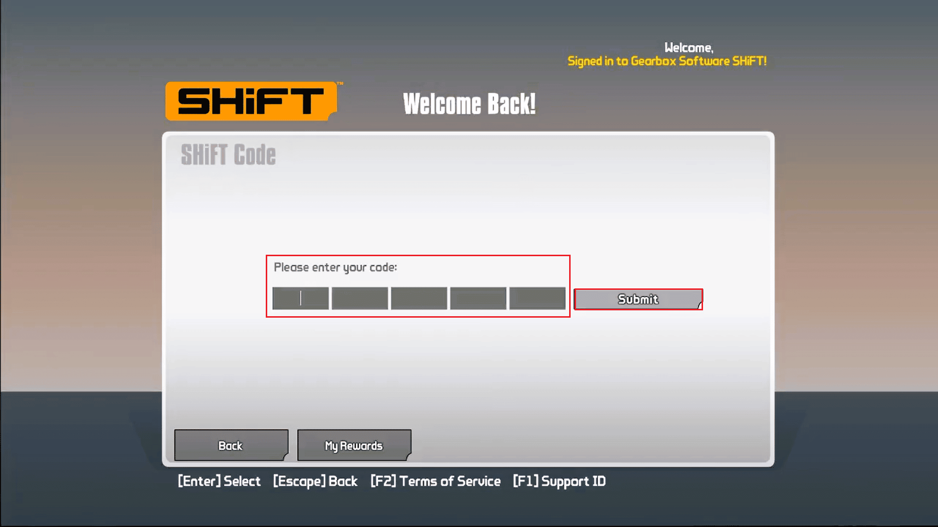 ingrese el código y haga clic en Enviar para canjear claves en Borderlands 2