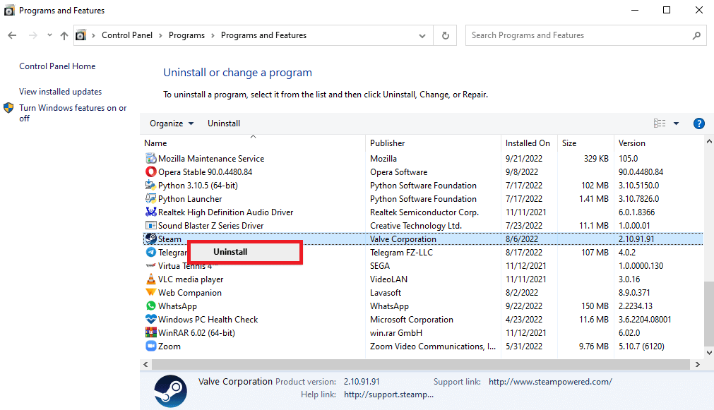 haga clic en Desinstalar.  Solucionar el error 26 de Steam en Windows 10