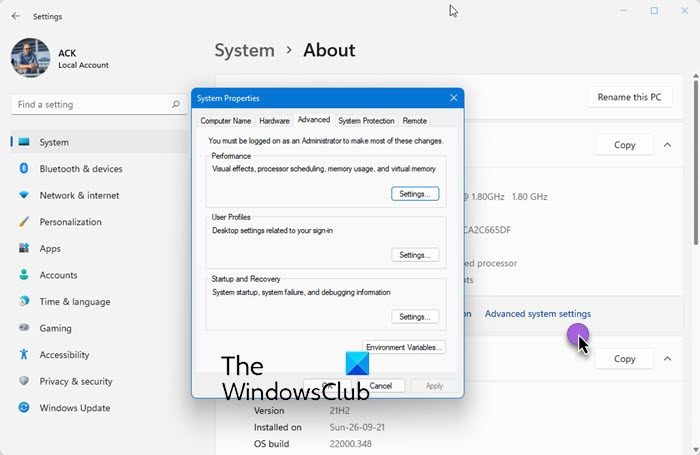 Panel de control de propiedades de Windows 11