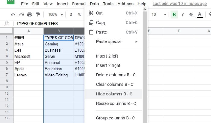Cómo ocultar filas y columnas en Hojas de cálculo de Google