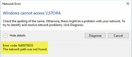 Código de error: 0x80070035. La ruta de red no se encontró