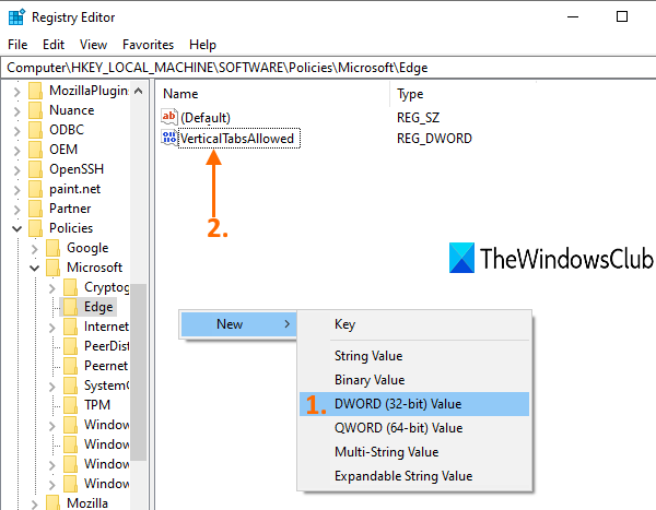 crear un valor DWORD VerticalTabsAllowed