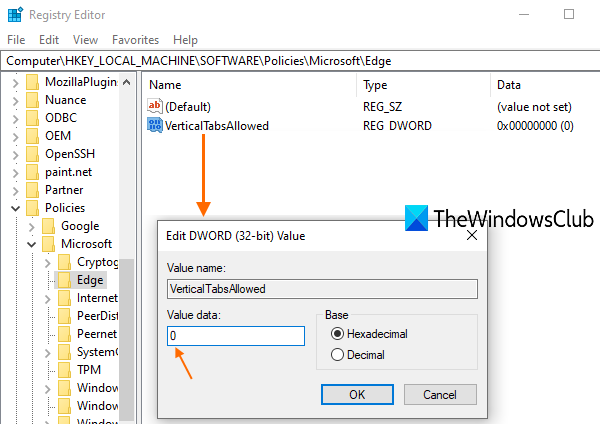 agregue 0 a los datos de valor para el valor dword de VerticalTabsAllowed