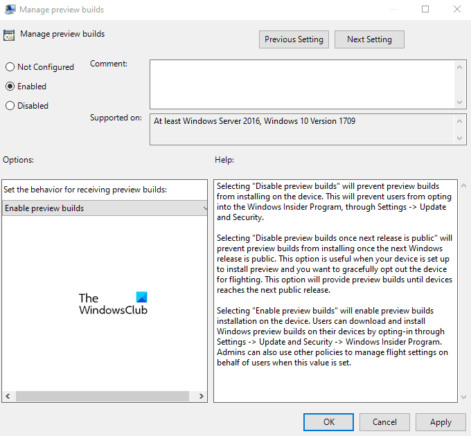 Deshabilitar la configuración de Windows Insider en Windows 10