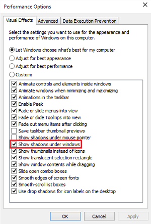 Eliminar el efecto de sombra en Windows 10