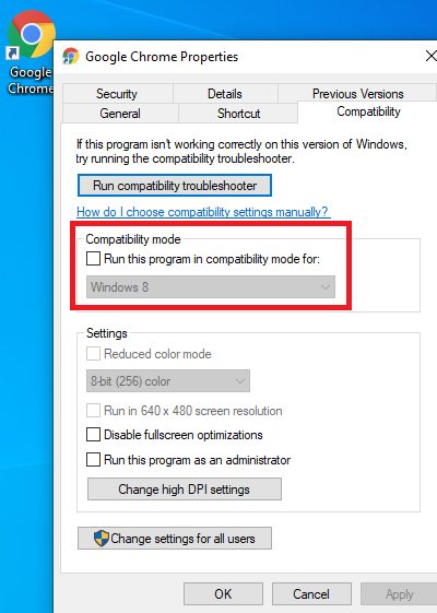 Deshabilitar el modo de compatibilidad para Google Chrome
