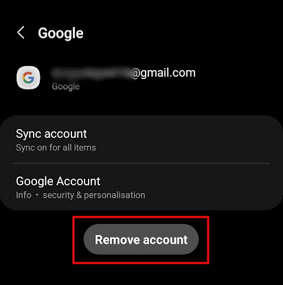 Toca Eliminar cuenta |  Cómo restablecer Samsung Galaxy S8 sin una cuenta de Google
