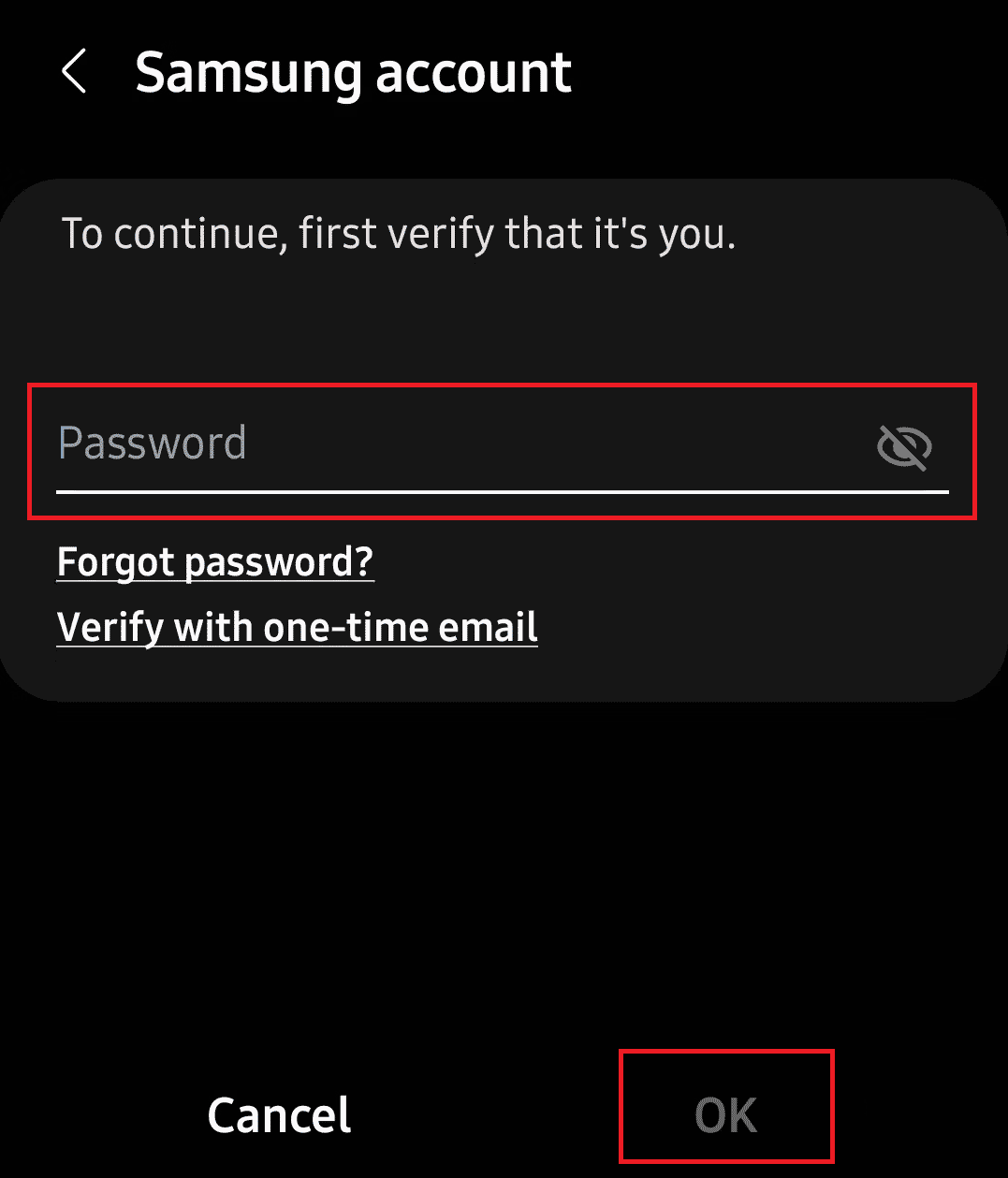 Ingrese la contraseña de su cuenta de Samsung y toque Aceptar 