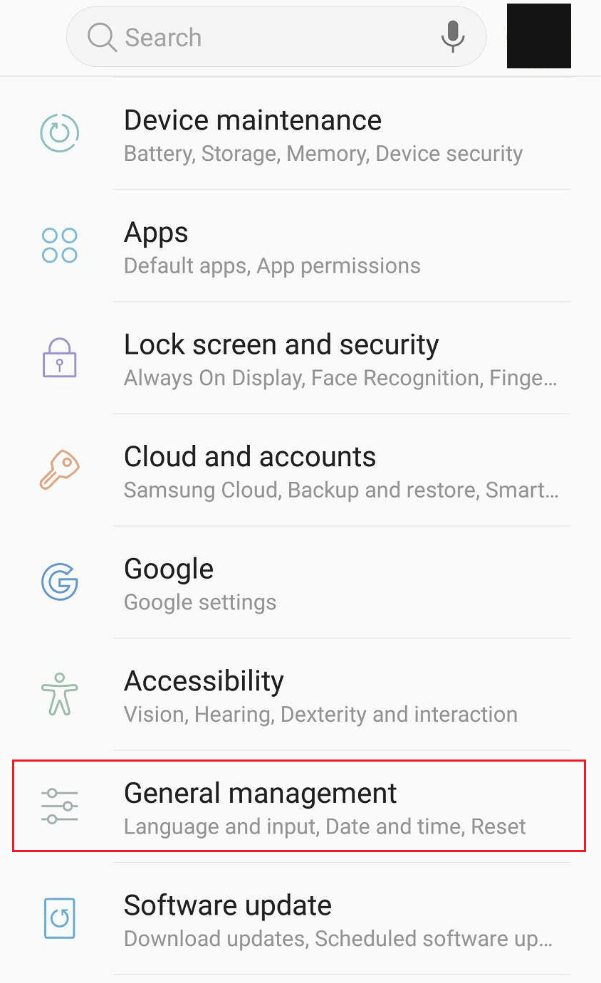 Para comenzar el proceso, abra Configuración y toque Administración general |  Cómo restablecer Samsung Galaxy S8 sin una cuenta de Google